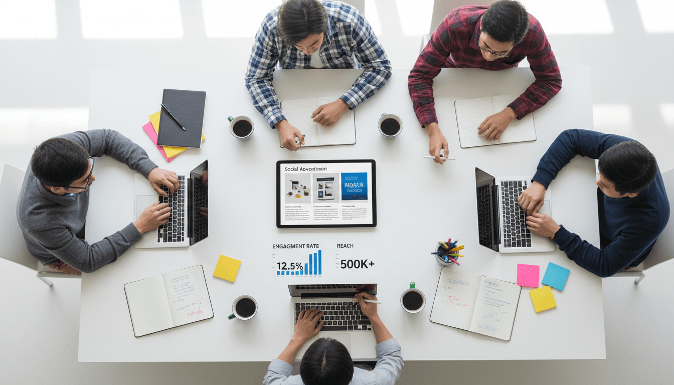 Tablet and team workspace showing a social media advertising campaign
