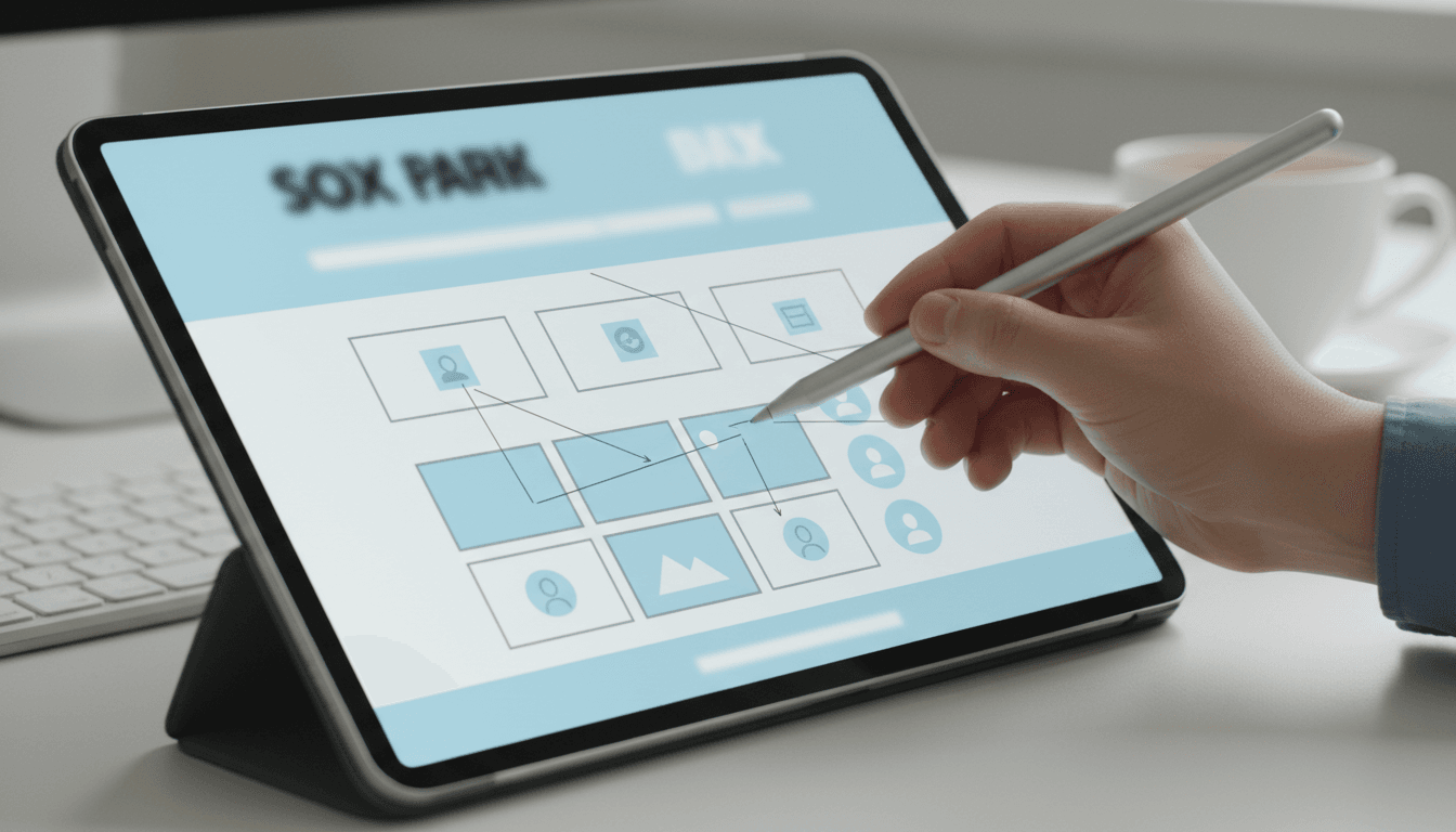 Hand sketching a website wireframe on a tablet