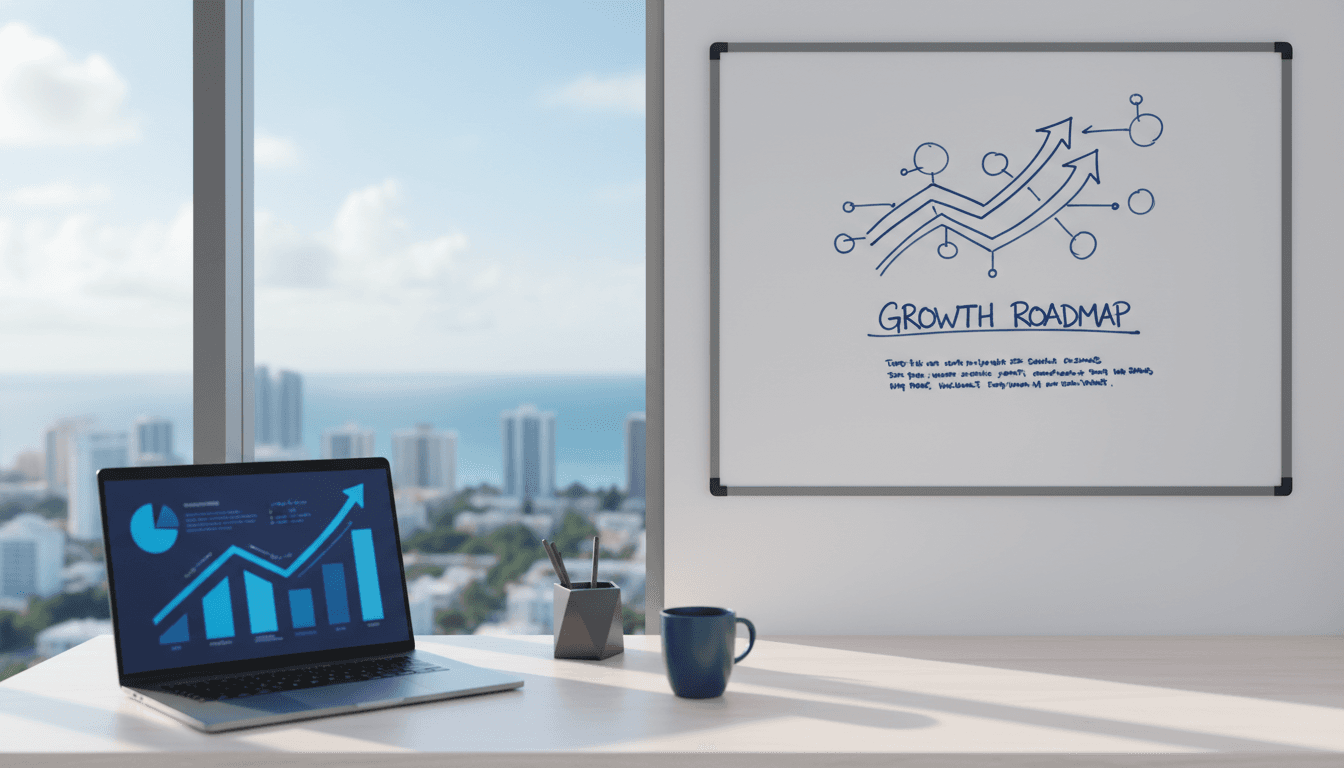 Marketing desk with growth roadmap sketch and Miami Beach skyline in background