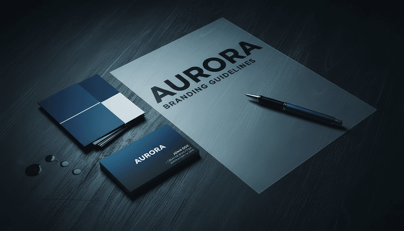 Branding elements - color swatches, typography, and business cards on a table