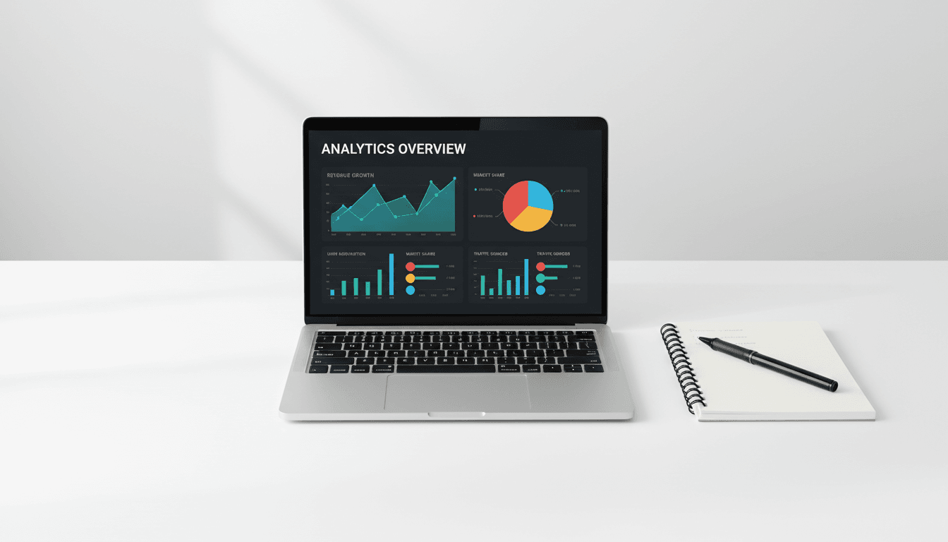 Laptop on a white desk displaying SEO analytics dashboards