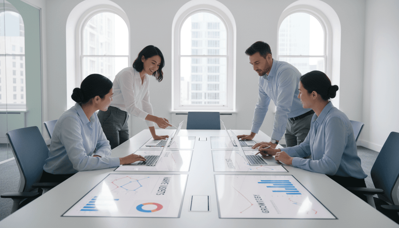 Marketing team reviewing performance data together