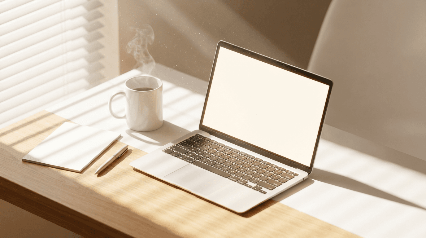 A clean, modern desk with a laptop showing marketing data charts