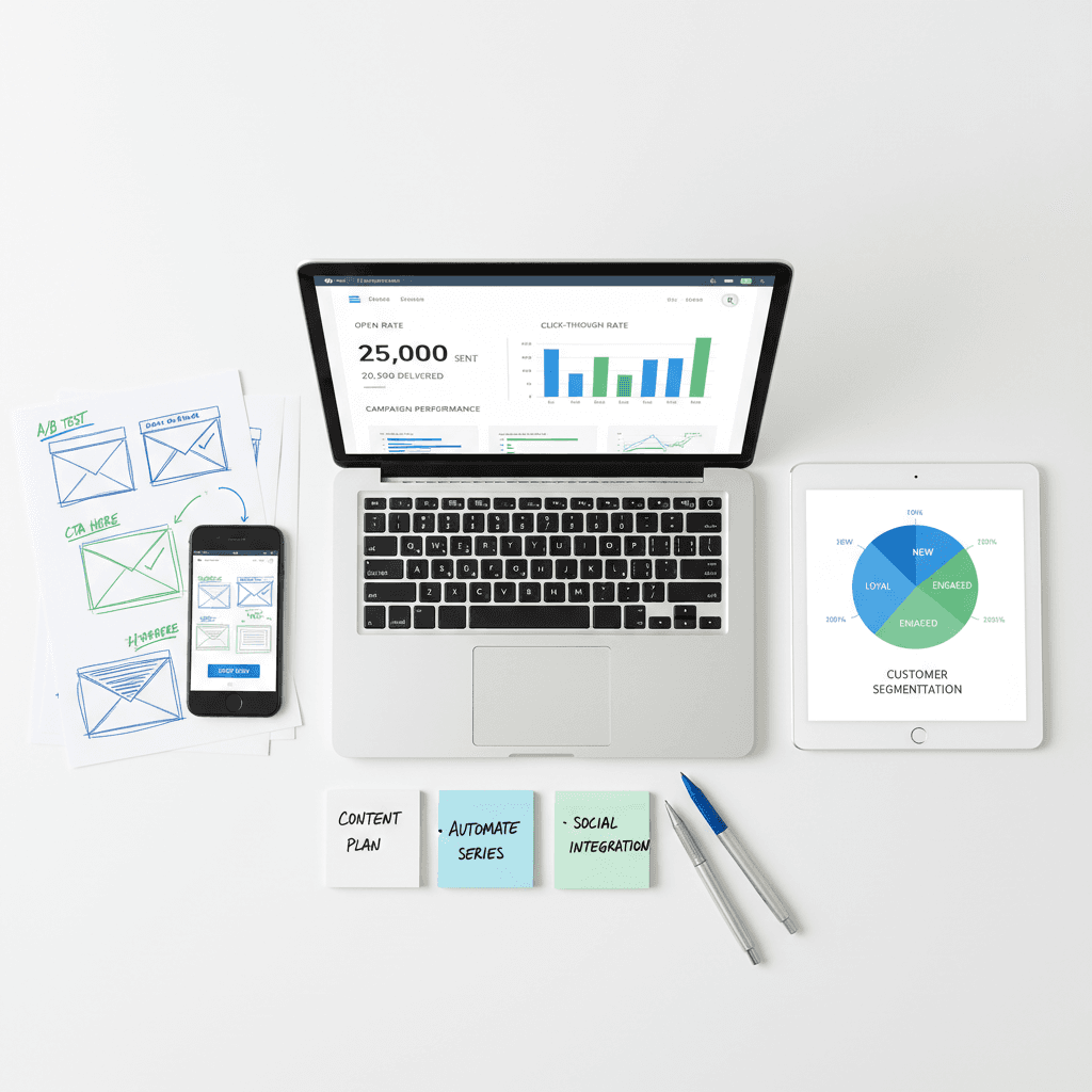 Email marketing automation flowchart displayed on a laptop screen