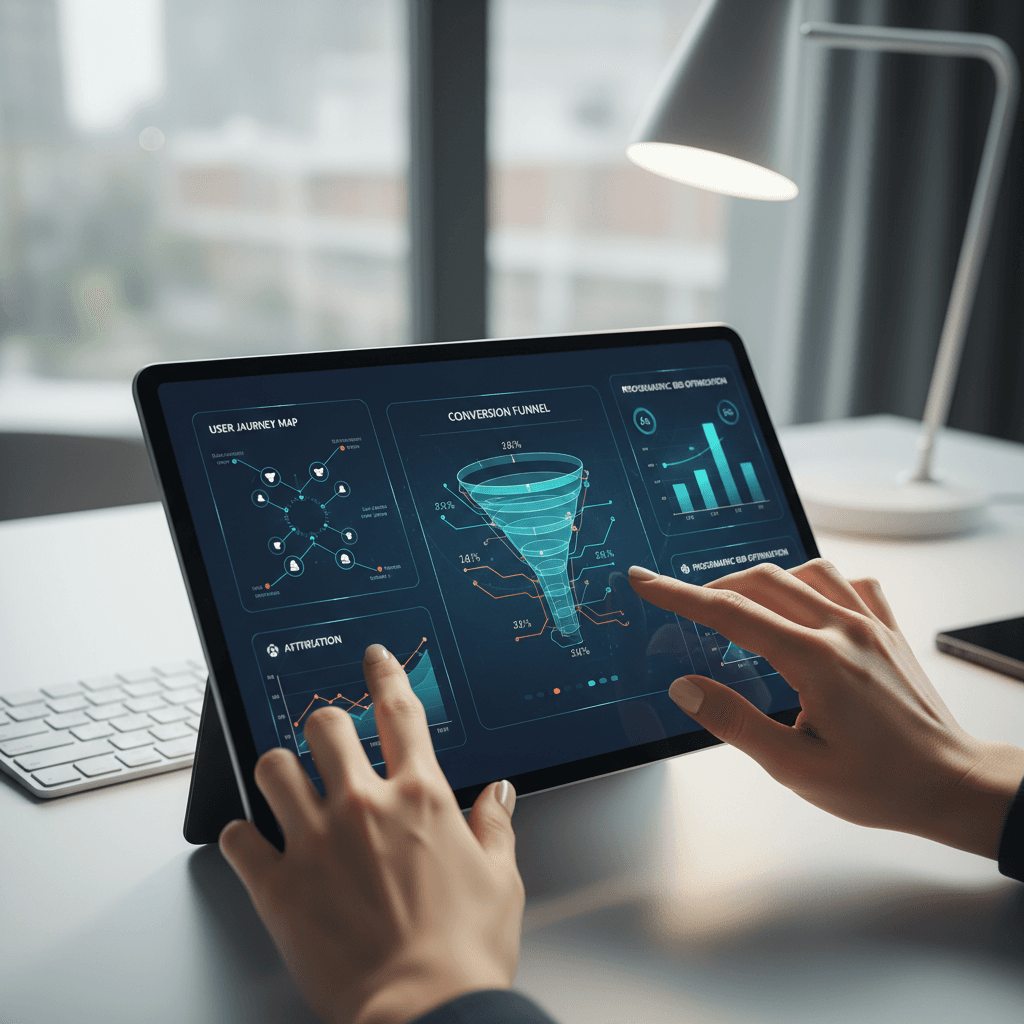 Hand interacting with a tablet displaying ad performance analytics