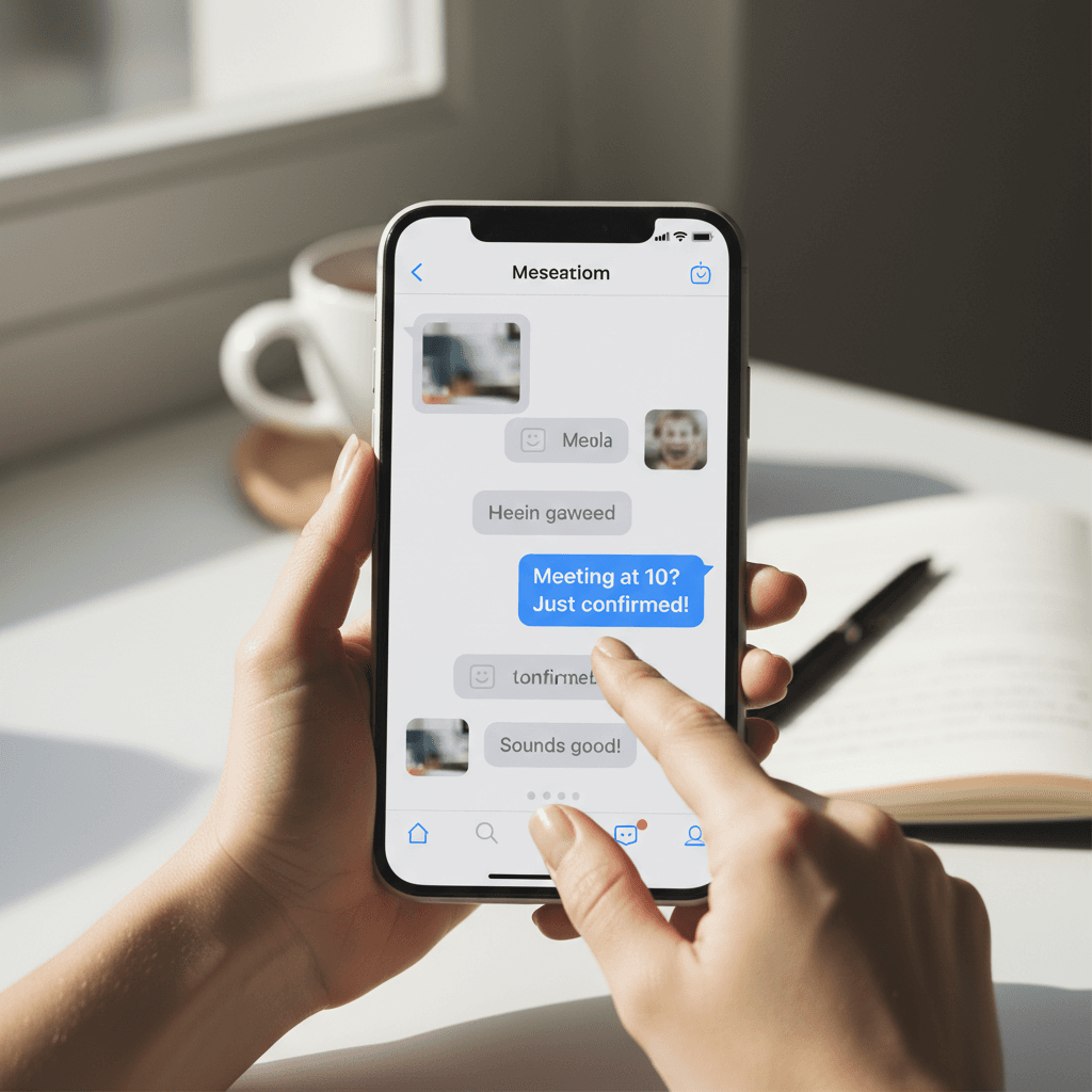 Hand holding a smartphone with a business conversation on the screen
