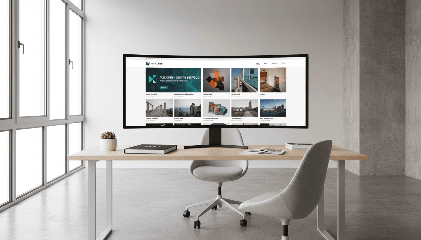 Web designer annotating a website mockup on a desktop monitor