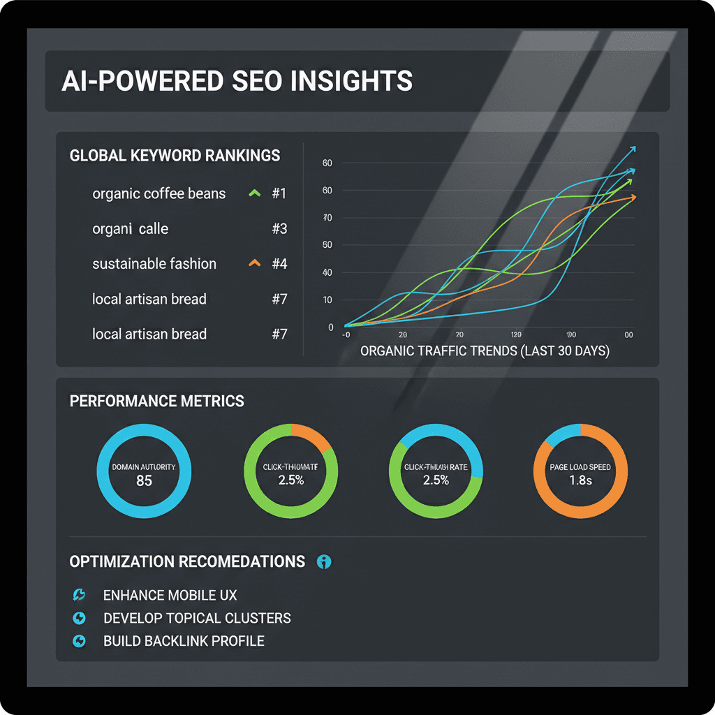 Close-up of a laptop screen displaying SEO keyword ranking data