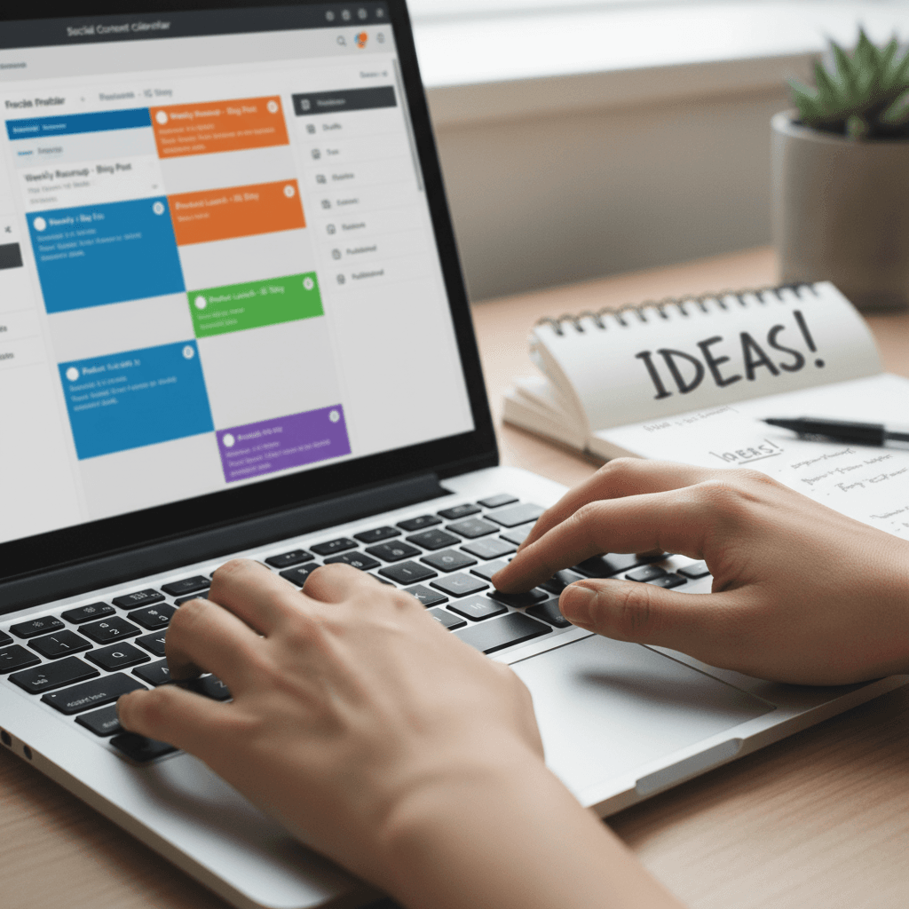 A close-up of a laptop displaying a marketing performance dashboard and content calendar