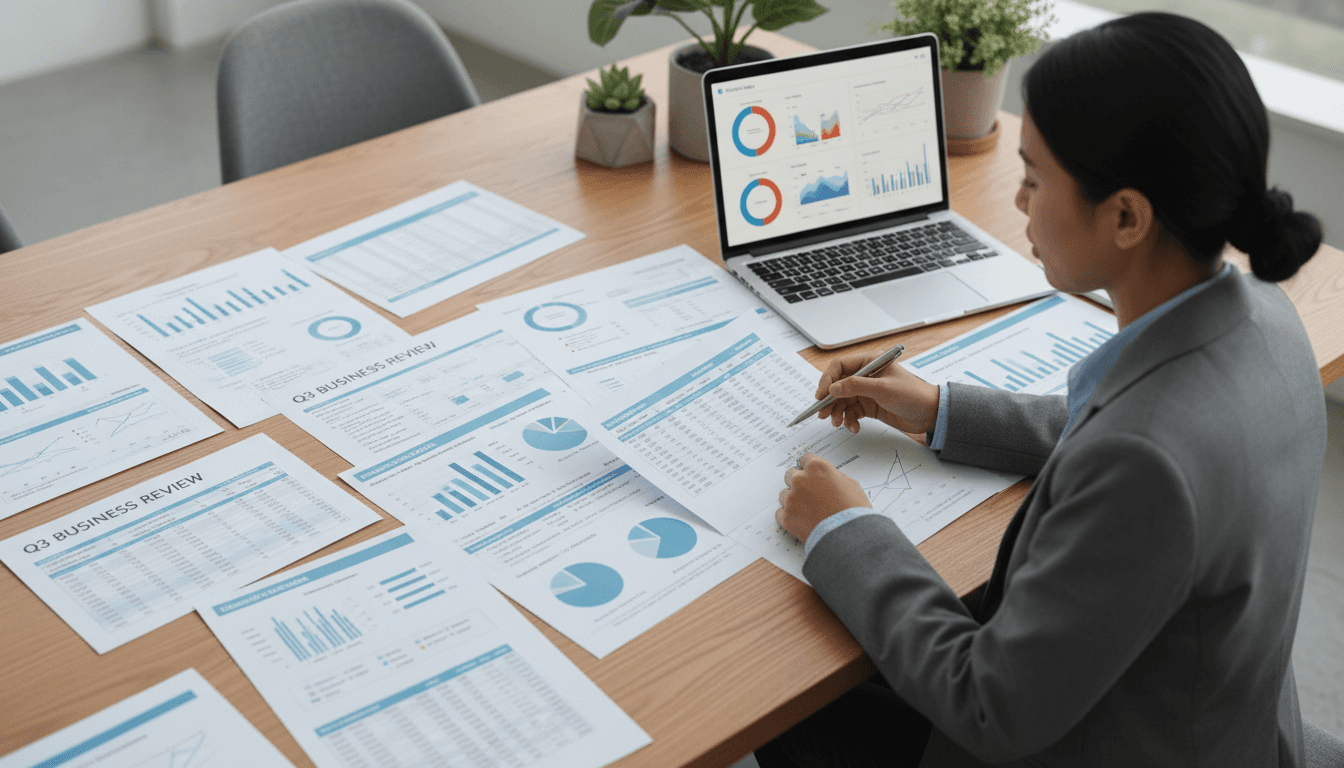 Analyst examining a report with performance charts and graphs