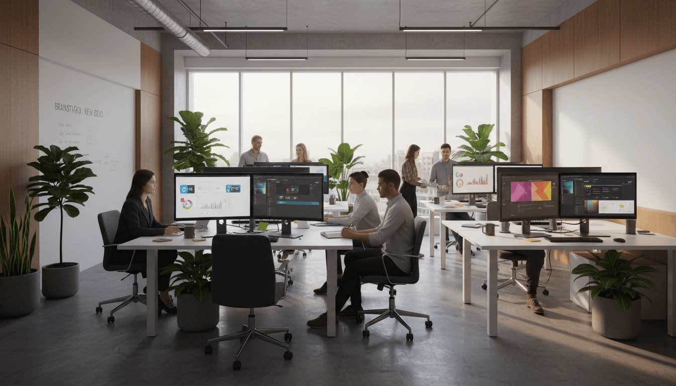 Modern digital marketing agency office with analytics dashboards on monitors