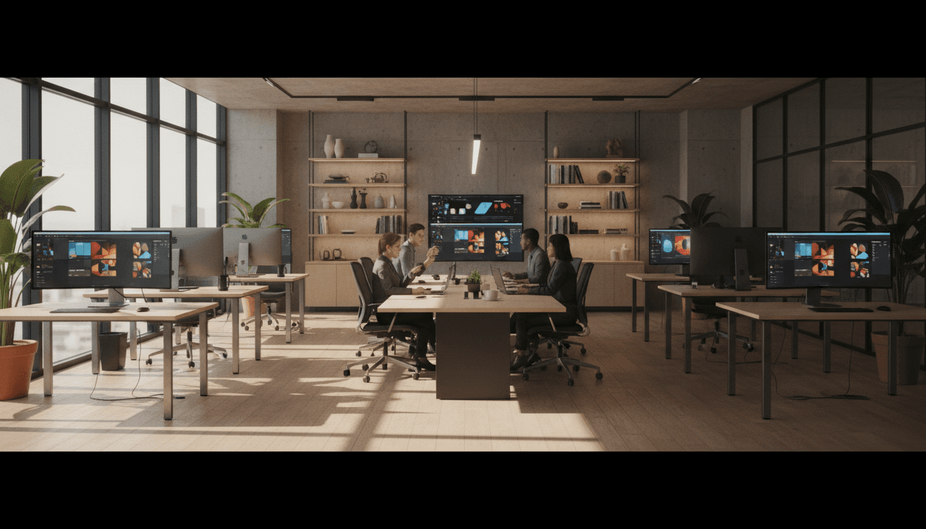Modern marketing studio office with laptop showing analytics dashboards