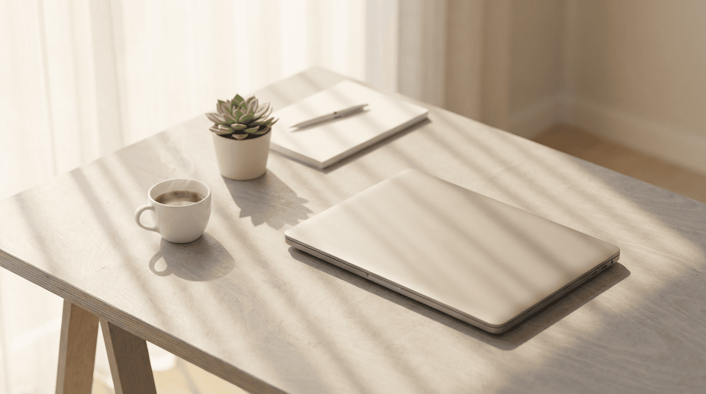 Laptop on a modern white desk with an analytics dashboard on screen in a bright Miami office